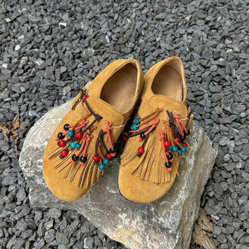 Suede Flats Shoes for Women Round Toe Moccasin Flats – Low Heel Slip-On Shoes with Fringe and Bead Details Party Pumps for Women