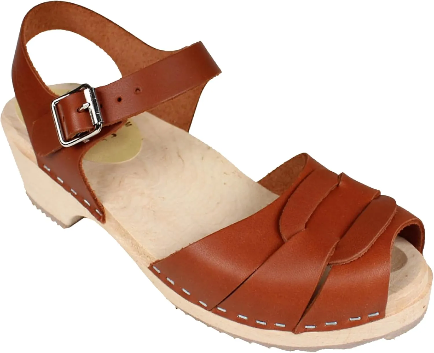 Swedish Classic Clogs - Low Heel Peep Toe Sandal Clog in Tan Leather | Leather Clogs for Women | Comfortable & Supportive Shoes | Handcrafted in Sweden