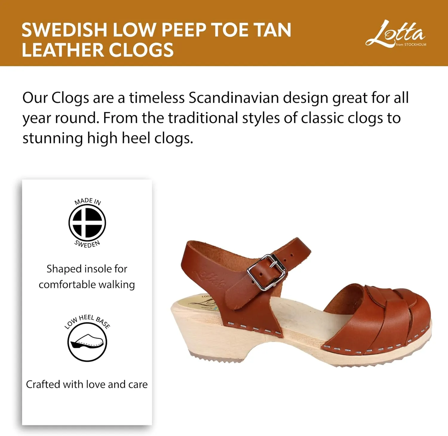 Swedish Classic Clogs - Low Heel Peep Toe Sandal Clog in Tan Leather | Leather Clogs for Women | Comfortable & Supportive Shoes | Handcrafted in Sweden