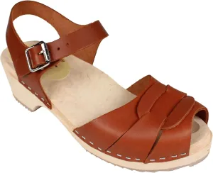 Swedish Classic Clogs - Low Heel Peep Toe Sandal Clog in Tan Leather | Leather Clogs for Women | Comfortable & Supportive Shoes | Handcrafted in Sweden
