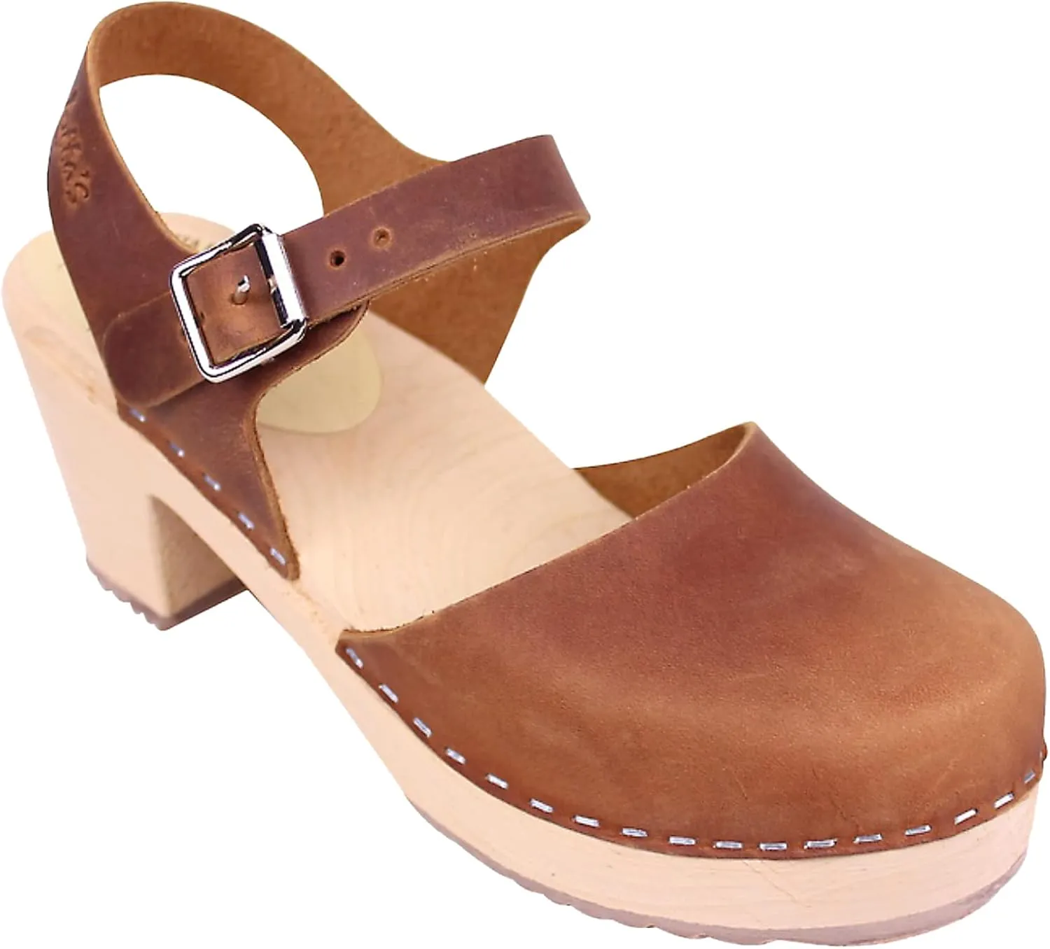 Swedish Highwood Clog Sandal for Women | Mary Jane Style Wooden Clogs Handcrafted in Sweden | Alder Wood Base and Oiled Nubuck Leather | Brown