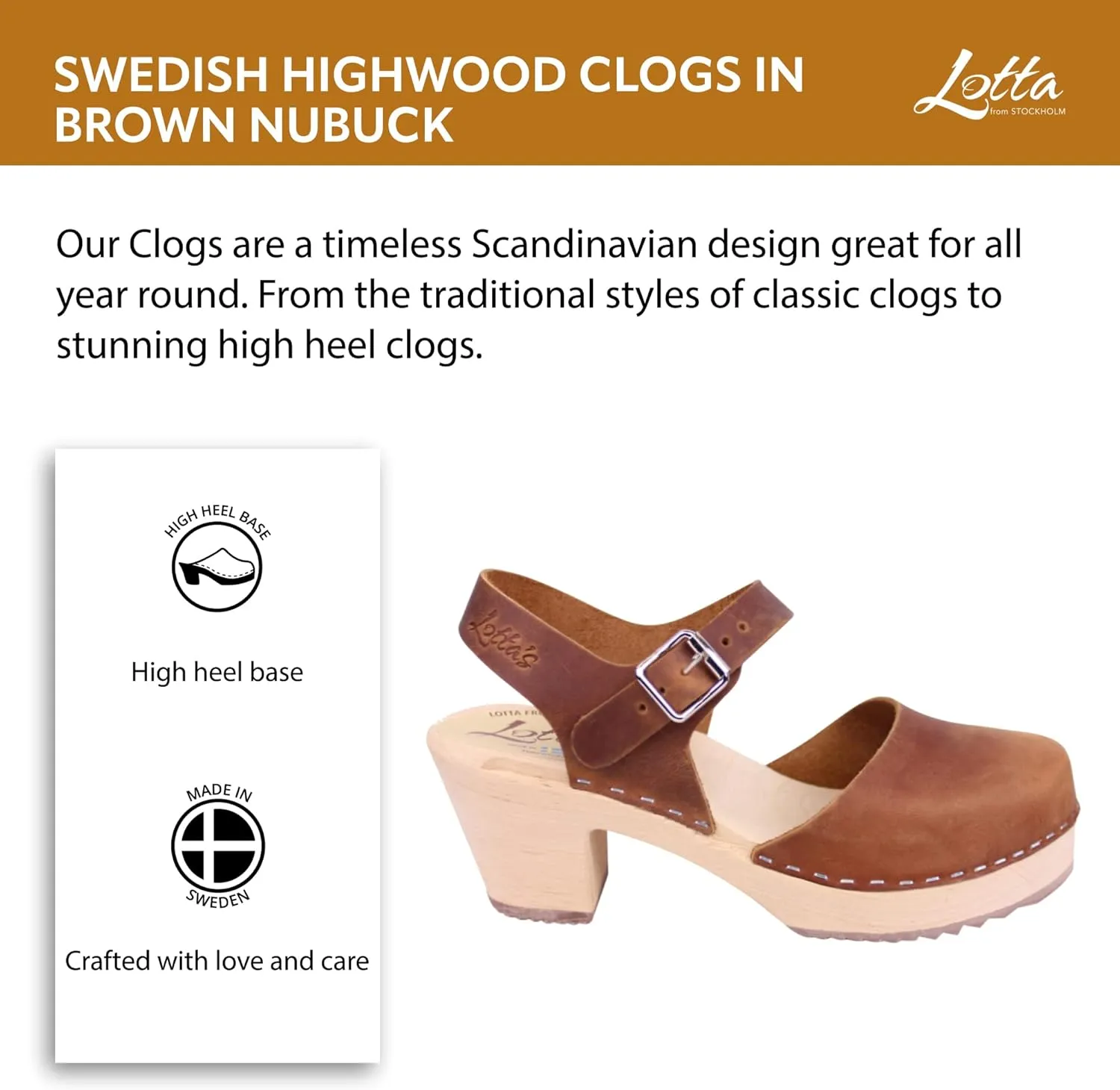 Swedish Highwood Clog Sandal for Women | Mary Jane Style Wooden Clogs Handcrafted in Sweden | Alder Wood Base and Oiled Nubuck Leather | Brown