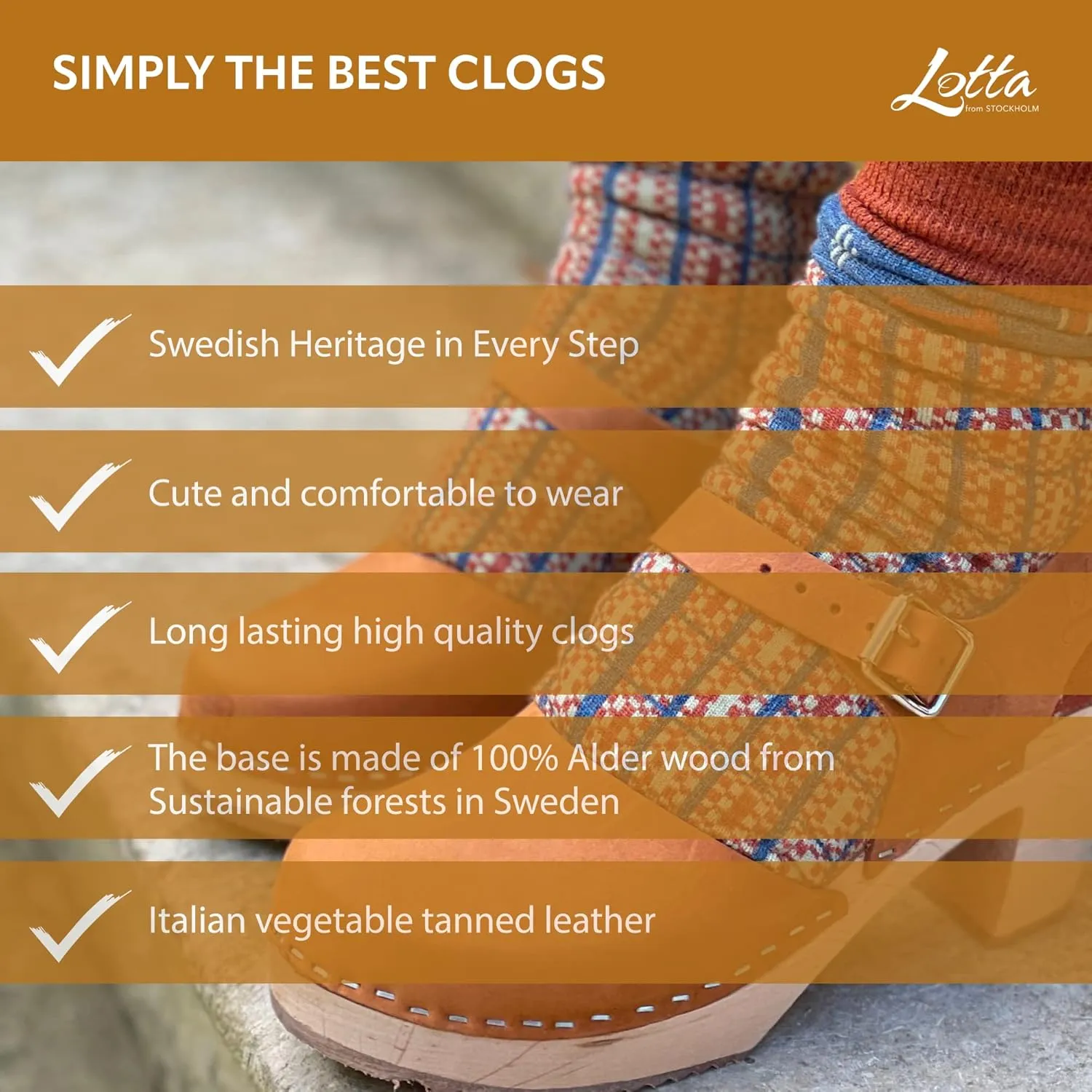 Swedish Highwood Clog Sandal for Women | Mary Jane Style Wooden Clogs Handcrafted in Sweden | Alder Wood Base and Oiled Nubuck Leather | Brown