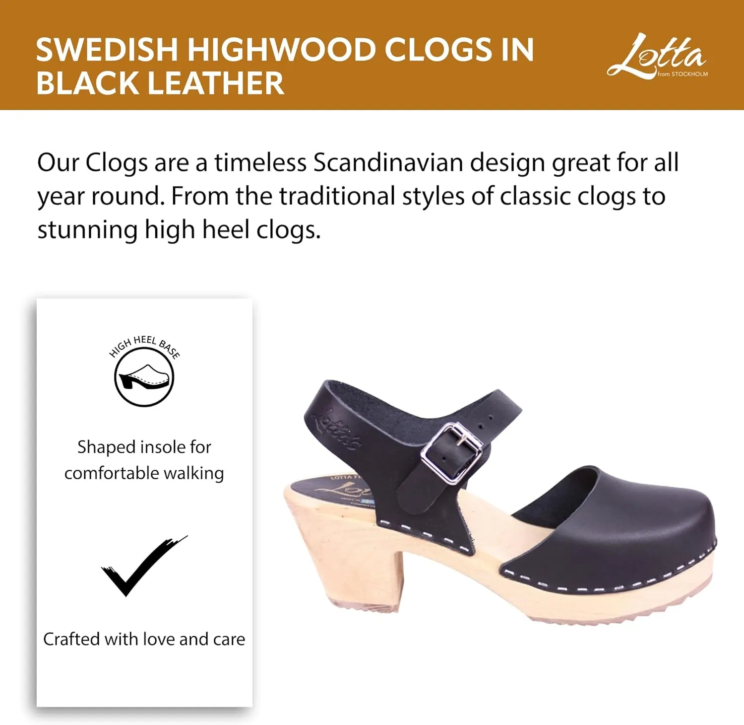Swedish Highwood High Heel Clog Sandal for Women | Mary Jane Style Wooden Clogs Handcrafted in Sweden | Alder Wood Base and Genuine Leather | Black