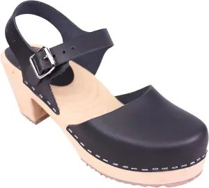 Swedish Highwood High Heel Clog Sandal for Women | Mary Jane Style Wooden Clogs Handcrafted in Sweden | Alder Wood Base and Genuine Leather | Black