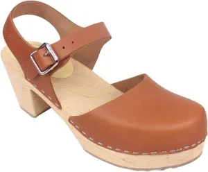 Swedish Highwood High Heel Clog Sandal for Women | Mary Jane Style Wooden Clogs Handcrafted in Sweden | Alder Wood Base and Genuine Leather | Tan