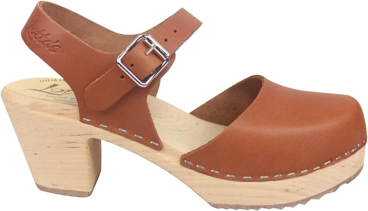 Swedish Highwood High Heel Clog Sandal for Women | Mary Jane Style Wooden Clogs Handcrafted in Sweden | Alder Wood Base and Genuine Leather | Tan