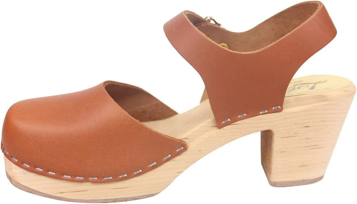 Swedish Highwood High Heel Clog Sandal for Women | Mary Jane Style Wooden Clogs Handcrafted in Sweden | Alder Wood Base and Genuine Leather | Tan