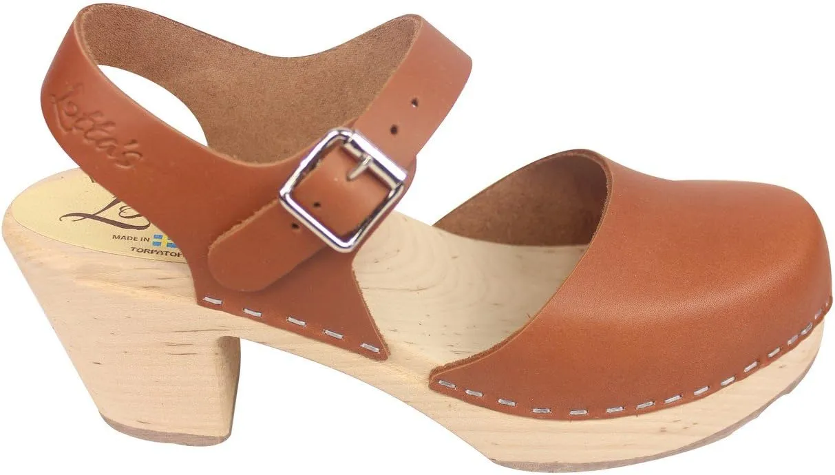 Swedish Highwood High Heel Clog Sandal for Women | Mary Jane Style Wooden Clogs Handcrafted in Sweden | Alder Wood Base and Genuine Leather | Tan