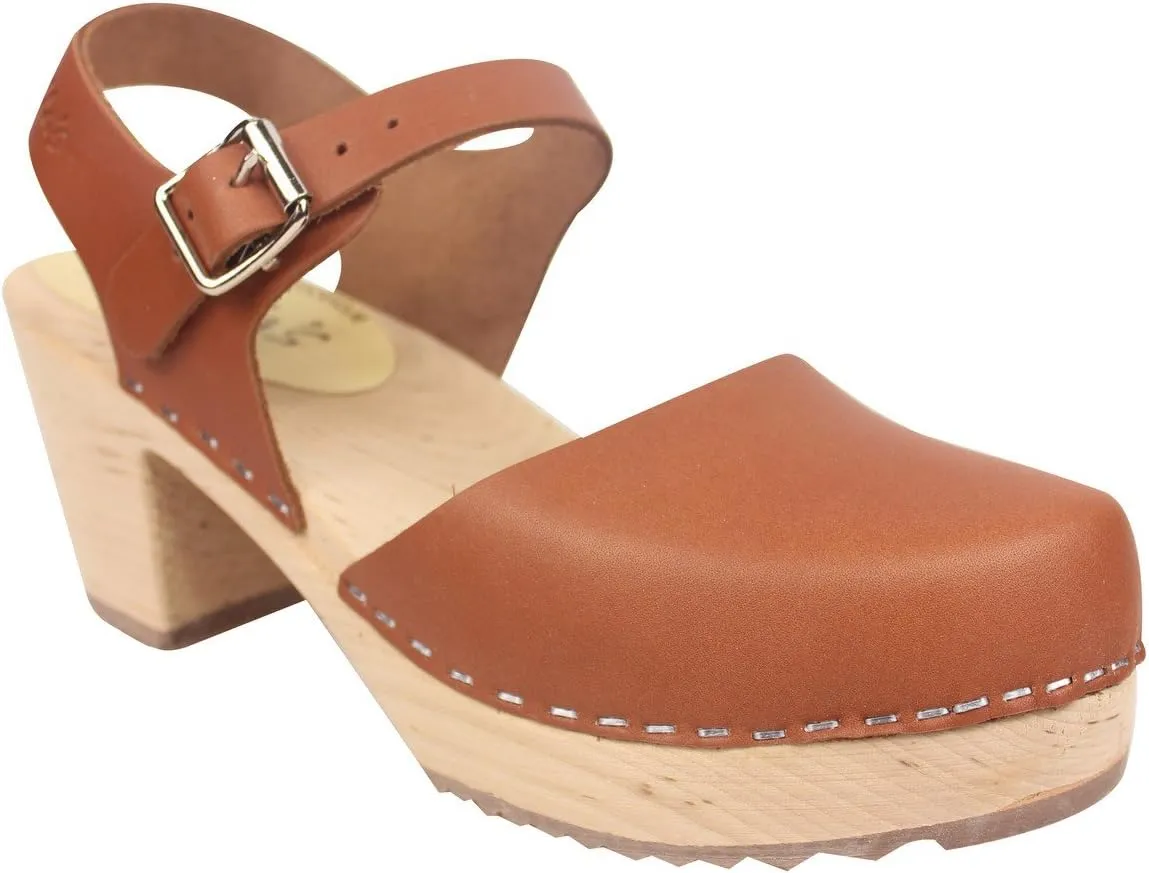 Swedish Highwood High Heel Clog Sandal for Women | Mary Jane Style Wooden Clogs Handcrafted in Sweden | Alder Wood Base and Genuine Leather | Tan