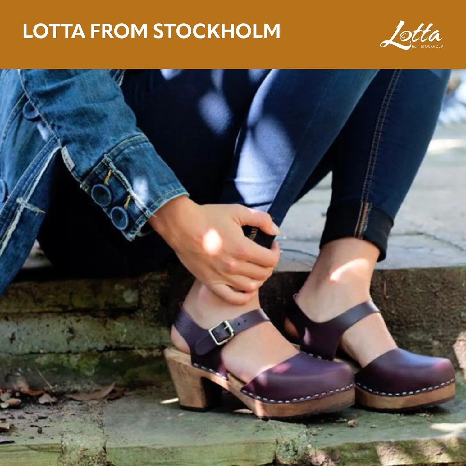 Swedish Highwood High Heel Clog Sandal for Women | Mary Jane Style Wooden Clogs Handcrafted in Sweden | Brown Alder Wood Base and Genuine Leather | Aubergine