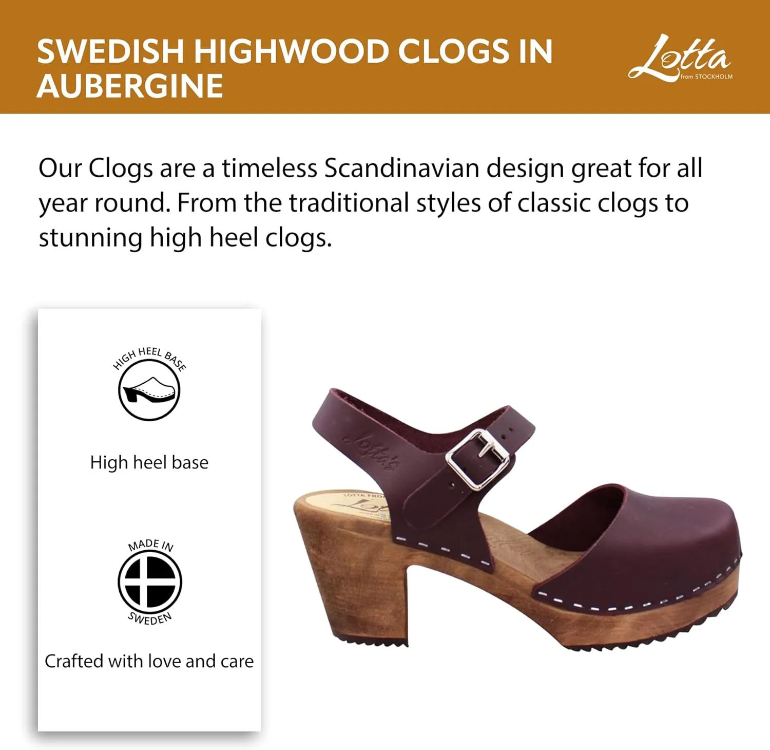 Swedish Highwood High Heel Clog Sandal for Women | Mary Jane Style Wooden Clogs Handcrafted in Sweden | Brown Alder Wood Base and Genuine Leather | Aubergine