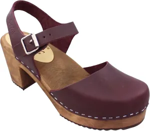 Swedish Highwood High Heel Clog Sandal for Women | Mary Jane Style Wooden Clogs Handcrafted in Sweden | Brown Alder Wood Base and Genuine Leather | Aubergine