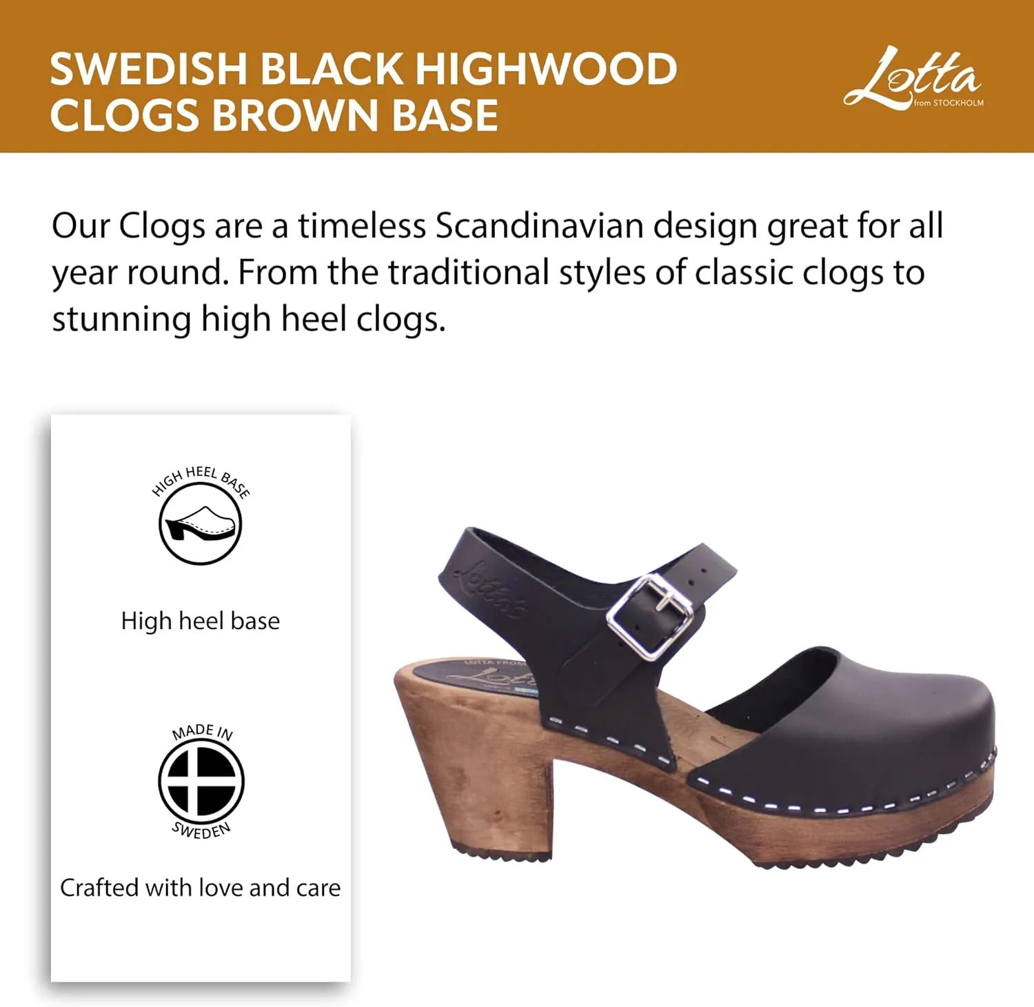 Swedish Highwood High Heel Clog Sandal for Women | Mary Jane Style Wooden Clogs Handcrafted in Sweden | Brown Alder Wood Base and Genuine Leather | Black