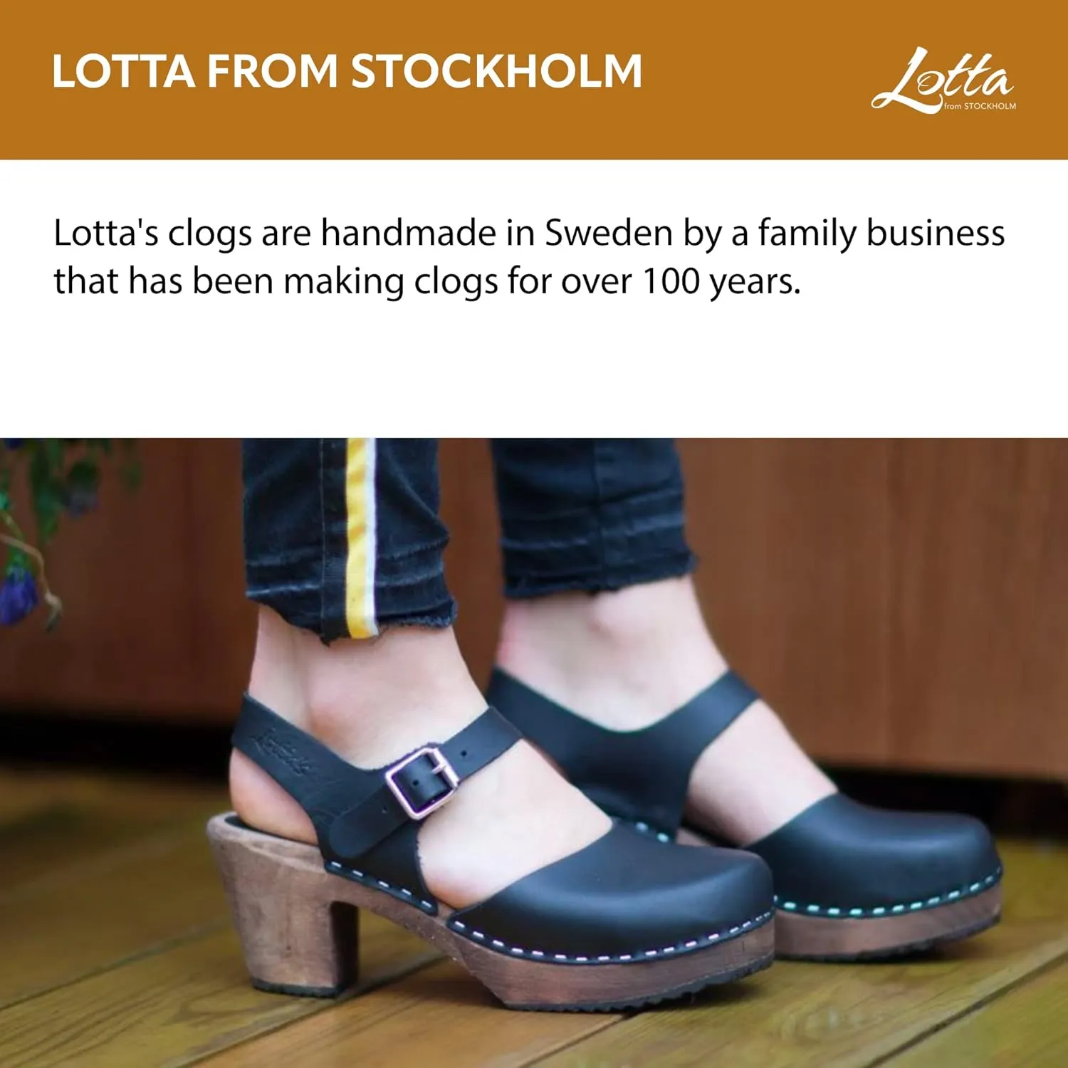 Swedish Highwood High Heel Clog Sandal for Women | Mary Jane Style Wooden Clogs Handcrafted in Sweden | Brown Alder Wood Base and Genuine Leather | Black