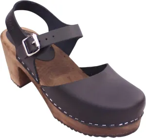 Swedish Highwood High Heel Clog Sandal for Women | Mary Jane Style Wooden Clogs Handcrafted in Sweden | Brown Alder Wood Base and Genuine Leather | Black