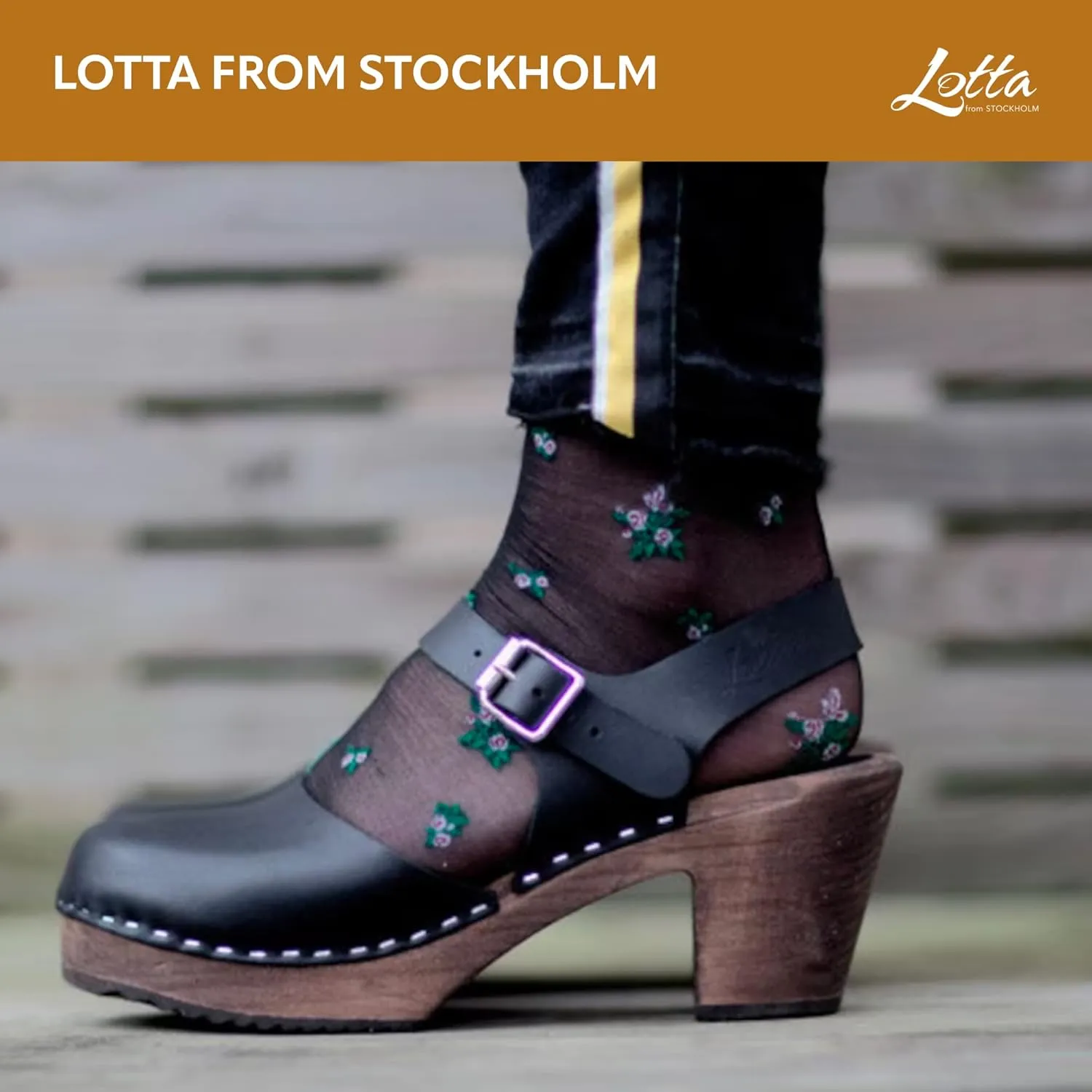 Swedish Highwood High Heel Clog Sandal for Women | Mary Jane Style Wooden Clogs Handcrafted in Sweden | Brown Alder Wood Base and Genuine Leather | Black