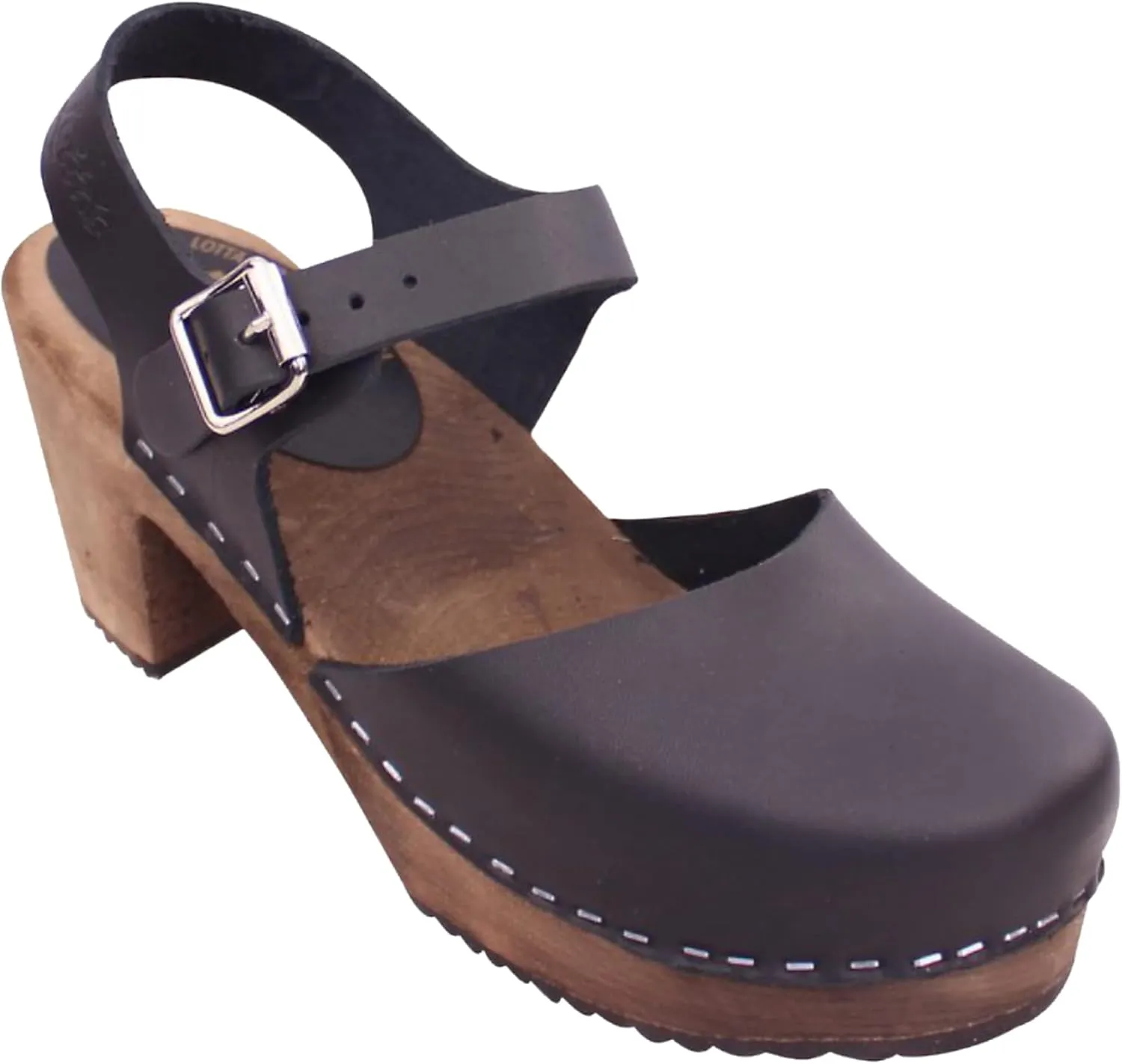 Swedish Highwood High Heel Clog Sandal for Women | Mary Jane Style Wooden Clogs Handcrafted in Sweden | Brown Alder Wood Base and Genuine Leather | Black