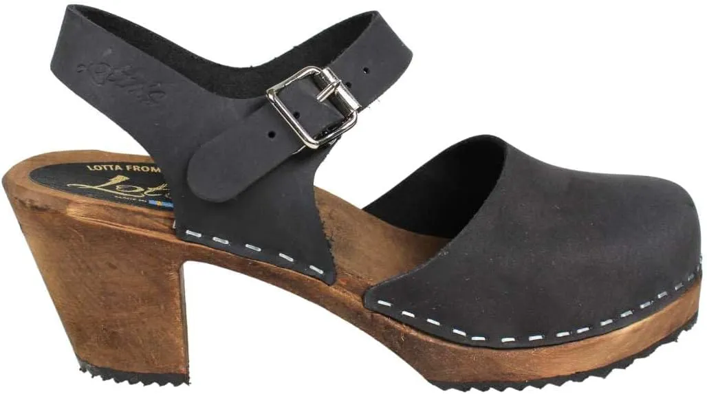 Swedish Highwood High Heel Clog Sandal for Women | Mary Jane Style Wooden Clogs Handcrafted in Sweden | Brown Alder Wood Base and Oiled Nubuck Leather | Black