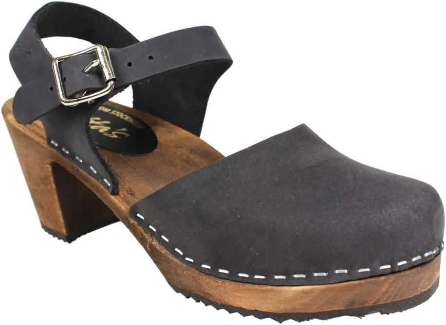 Swedish Highwood High Heel Clog Sandal for Women | Mary Jane Style Wooden Clogs Handcrafted in Sweden | Brown Alder Wood Base and Oiled Nubuck Leather | Black