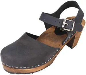 Swedish Highwood High Heel Clog Sandal for Women | Mary Jane Style Wooden Clogs Handcrafted in Sweden | Brown Alder Wood Base and Oiled Nubuck Leather | Black