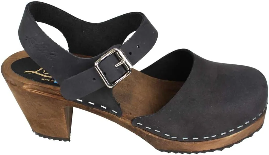 Swedish Highwood High Heel Clog Sandal for Women | Mary Jane Style Wooden Clogs Handcrafted in Sweden | Brown Alder Wood Base and Oiled Nubuck Leather | Black