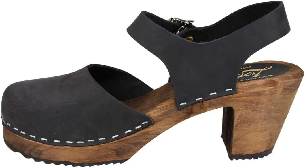 Swedish Highwood High Heel Clog Sandal for Women | Mary Jane Style Wooden Clogs Handcrafted in Sweden | Brown Alder Wood Base and Oiled Nubuck Leather | Black