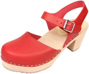 Swedish Highwood High Heel Clog Sandal for Women | Mary Jane Style Wooden Clogs Made in Sweden | Alder Wood Base and Genuine Leather | Red