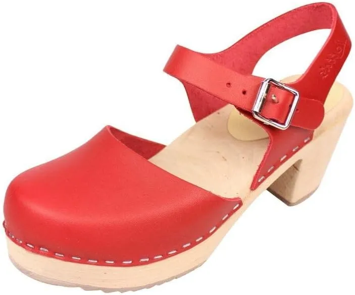 Swedish Highwood High Heel Clog Sandal for Women | Mary Jane Style Wooden Clogs Made in Sweden | Alder Wood Base and Genuine Leather | Red