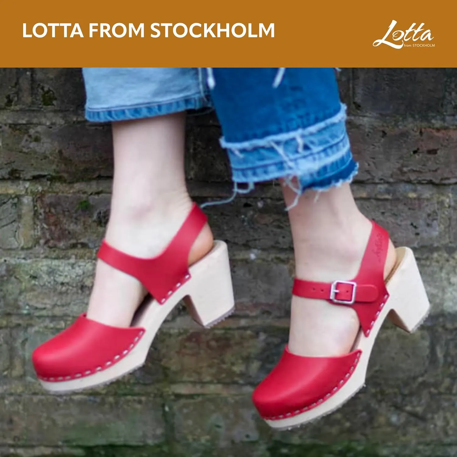 Swedish Highwood High Heel Clog Sandal for Women | Mary Jane Style Wooden Clogs Made in Sweden | Alder Wood Base and Genuine Leather | Red