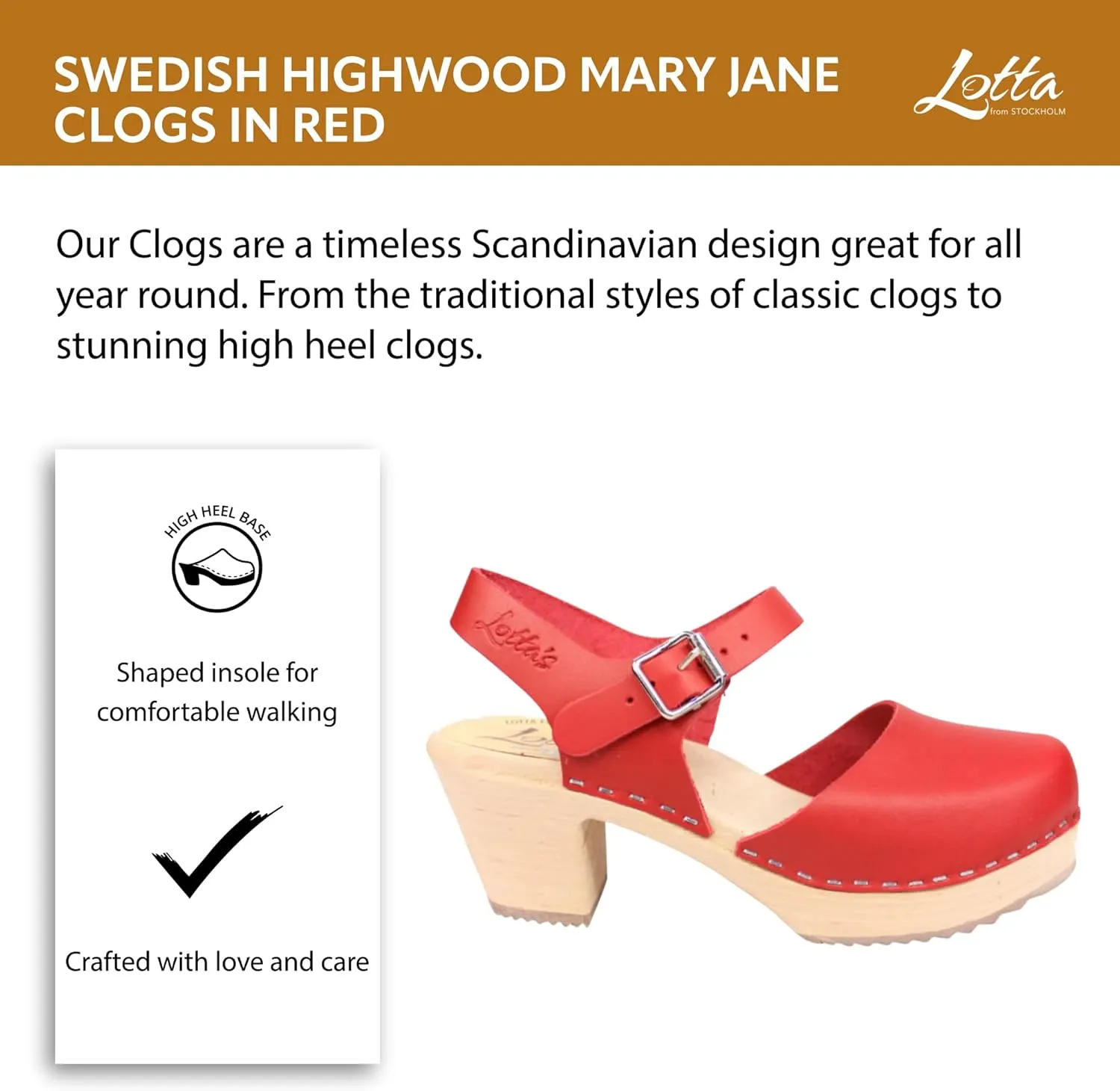 Swedish Highwood High Heel Clog Sandal for Women | Mary Jane Style Wooden Clogs Made in Sweden | Alder Wood Base and Genuine Leather | Red