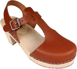 Swedish Highwood T-Bar Sandal Clogs for Women | High Heel Platform Clogs Handmade in Sweden | Real Leather on Alder Wood Base | Tan
