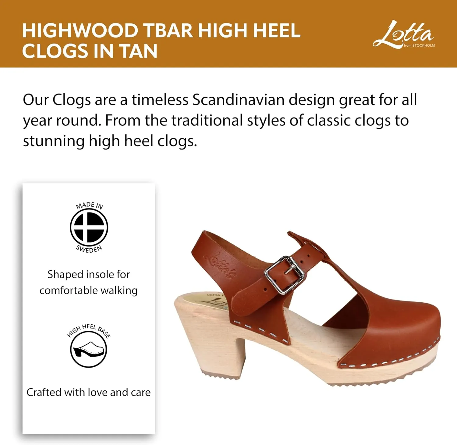 Swedish Highwood T-Bar Sandal Clogs for Women | High Heel Platform Clogs Handmade in Sweden | Real Leather on Alder Wood Base | Tan