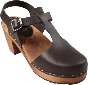 Swedish Highwood T-Bar Sandal Clogs for Women | Mary Jane Syle High Heel Platform Clogs Handmade in Sweden | Real Leather on Brown Alder Wood Base | Black