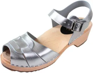 Swedish Low Peep Toe Clog Sandal for Women | Low Heel Comfortable Shoes Handcrafted in Sweden | Alder Wood Base and PU Coated Leather | Silver