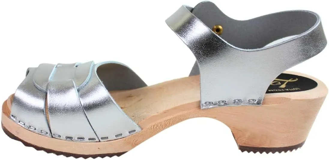 Swedish Low Peep Toe Clog Sandal for Women | Low Heel Comfortable Shoes Handcrafted in Sweden | Alder Wood Base and PU Coated Leather | Silver