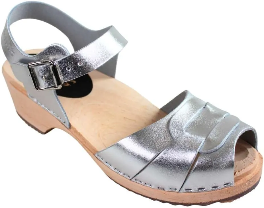 Swedish Low Peep Toe Clog Sandal for Women | Low Heel Comfortable Shoes Handcrafted in Sweden | Alder Wood Base and PU Coated Leather | Silver