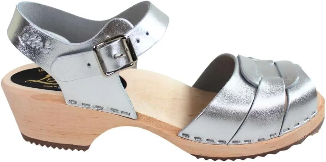 Swedish Low Peep Toe Clog Sandal for Women | Low Heel Comfortable Shoes Handcrafted in Sweden | Alder Wood Base and PU Coated Leather | Silver