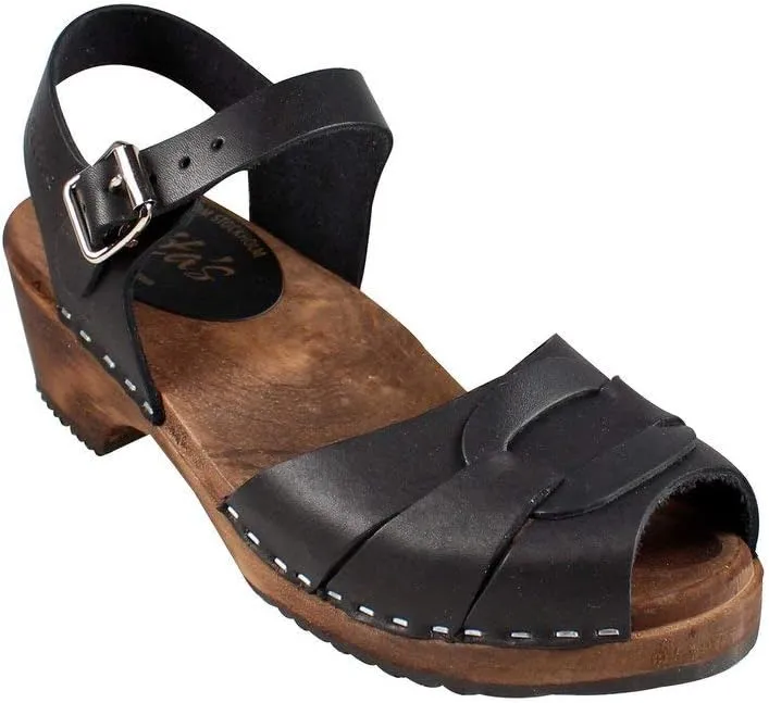Swedish Low Peep Toe Clogs - Black Leather Sandal Clog for Women I Supportive Brown Adler Wood Base