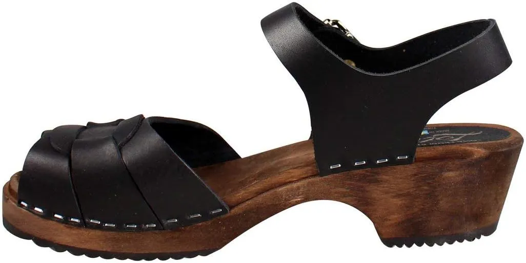 Swedish Low Peep Toe Clogs - Black Leather Sandal Clog for Women I Supportive Brown Adler Wood Base