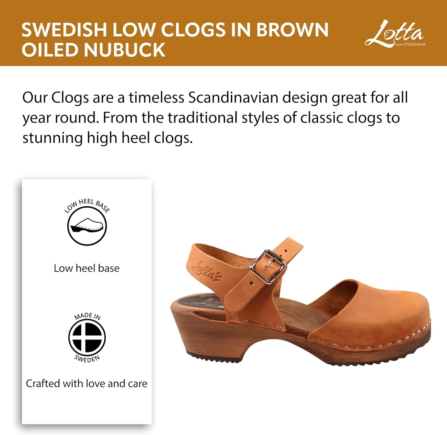 Swedish Low Wood Clog Sandal for Women | Low Heel Mary Jane Style Wooden Clogs Handcrafted in Sweden | Alder Wood Base and Oiled Nubuck Leather | Brown