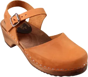 Swedish Low Wood Clog Sandal for Women | Low Heel Mary Jane Style Wooden Clogs Handcrafted in Sweden | Alder Wood Base and Oiled Nubuck Leather | Brown