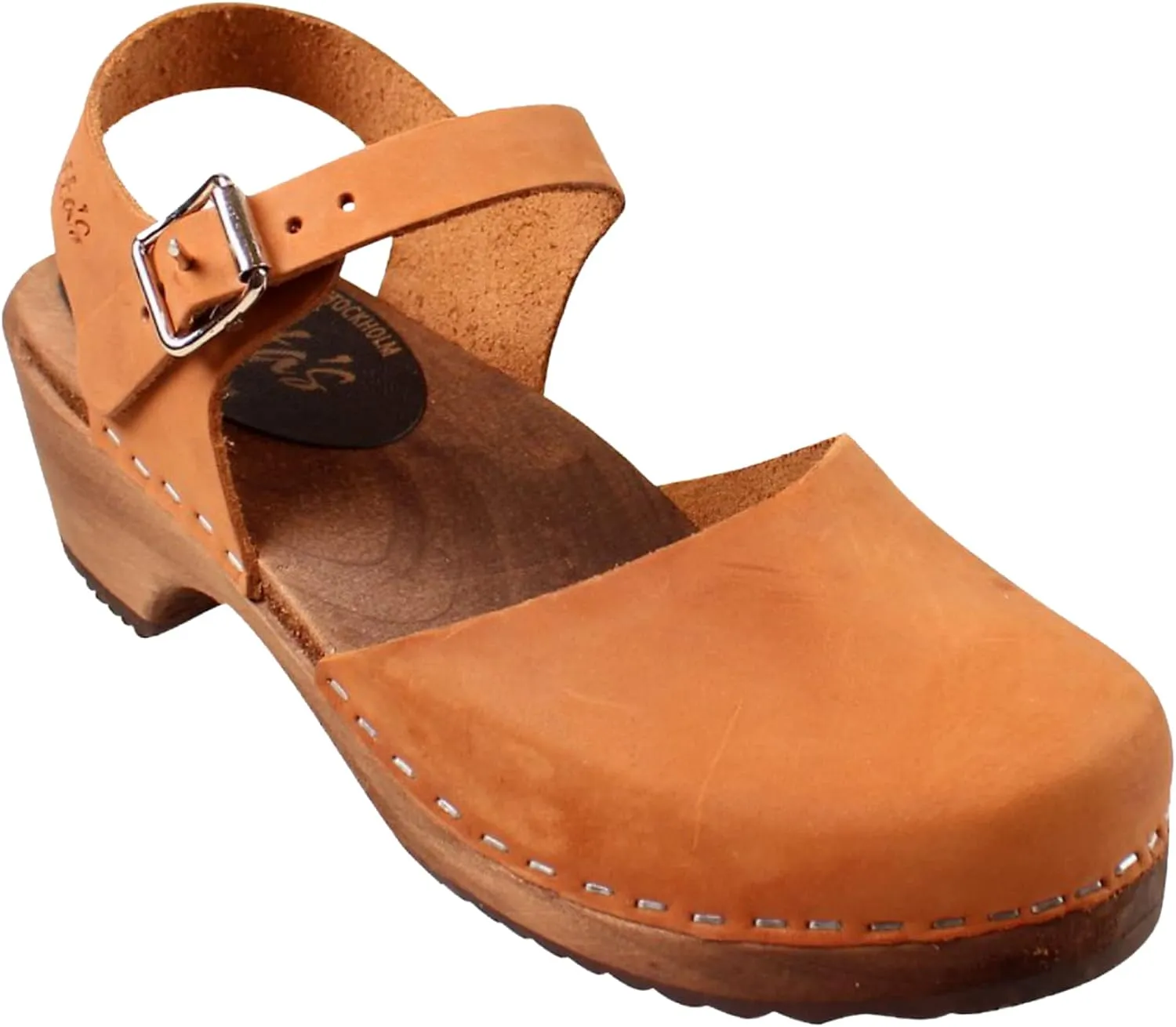 Swedish Low Wood Clog Sandal for Women | Low Heel Mary Jane Style Wooden Clogs Handcrafted in Sweden | Alder Wood Base and Oiled Nubuck Leather | Brown