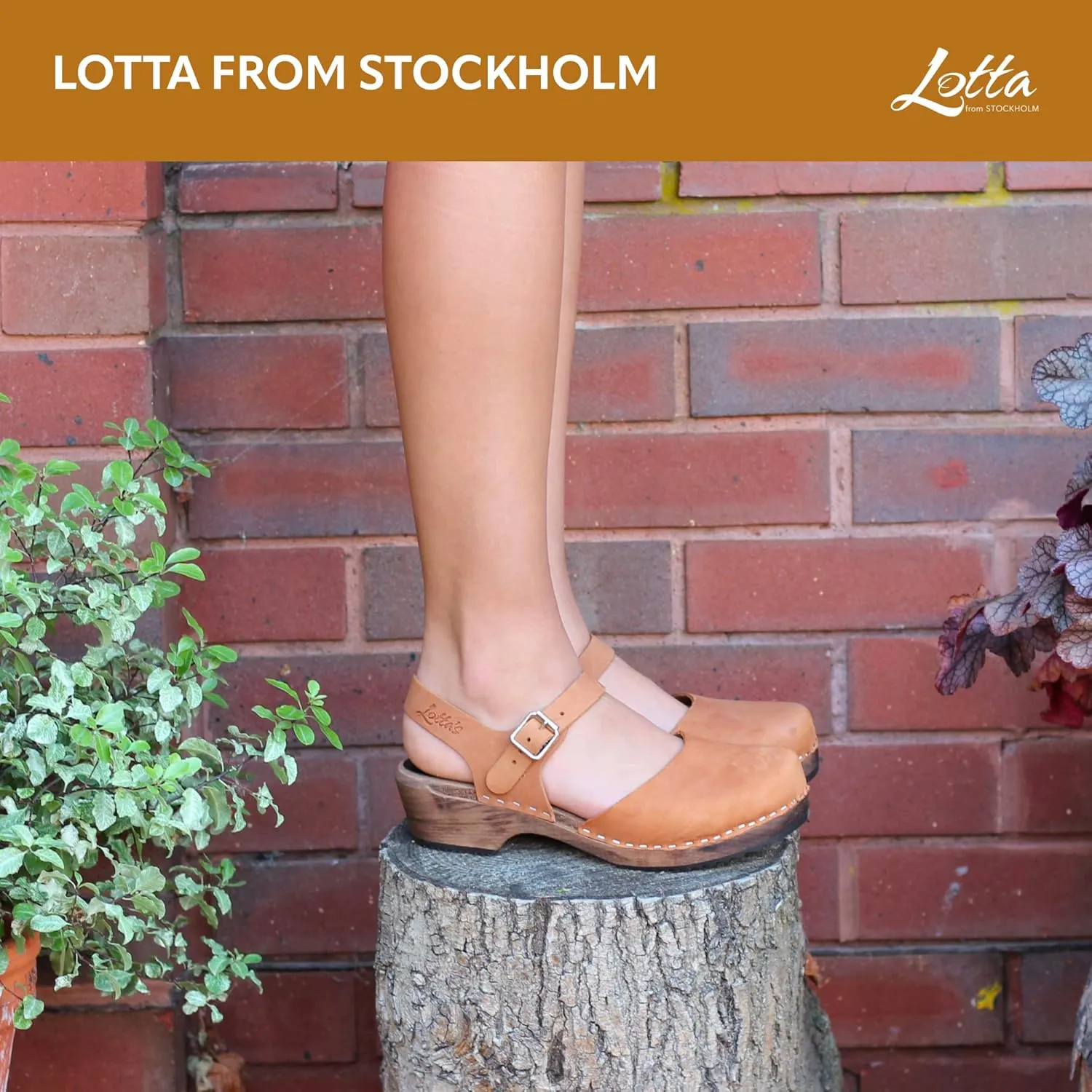 Swedish Low Wood Clog Sandal for Women | Low Heel Mary Jane Style Wooden Clogs Handcrafted in Sweden | Alder Wood Base and Oiled Nubuck Leather | Brown