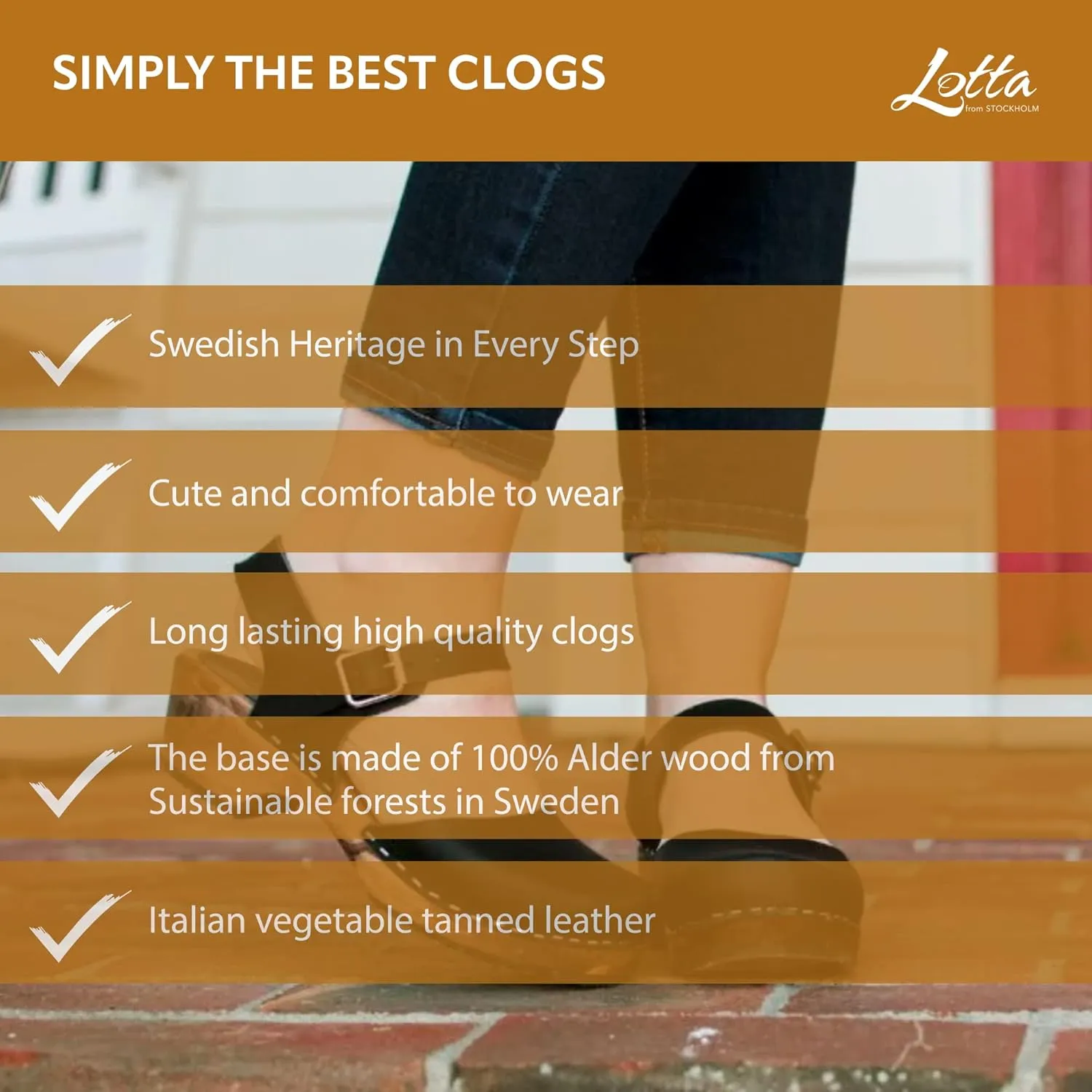 Swedish Low Wood Clog Sandal for Women | Low Heel Mary Jane Style Wooden Clogs Handcrafted in Sweden | Brown Alder Wood Base and Natural Leather | Black
