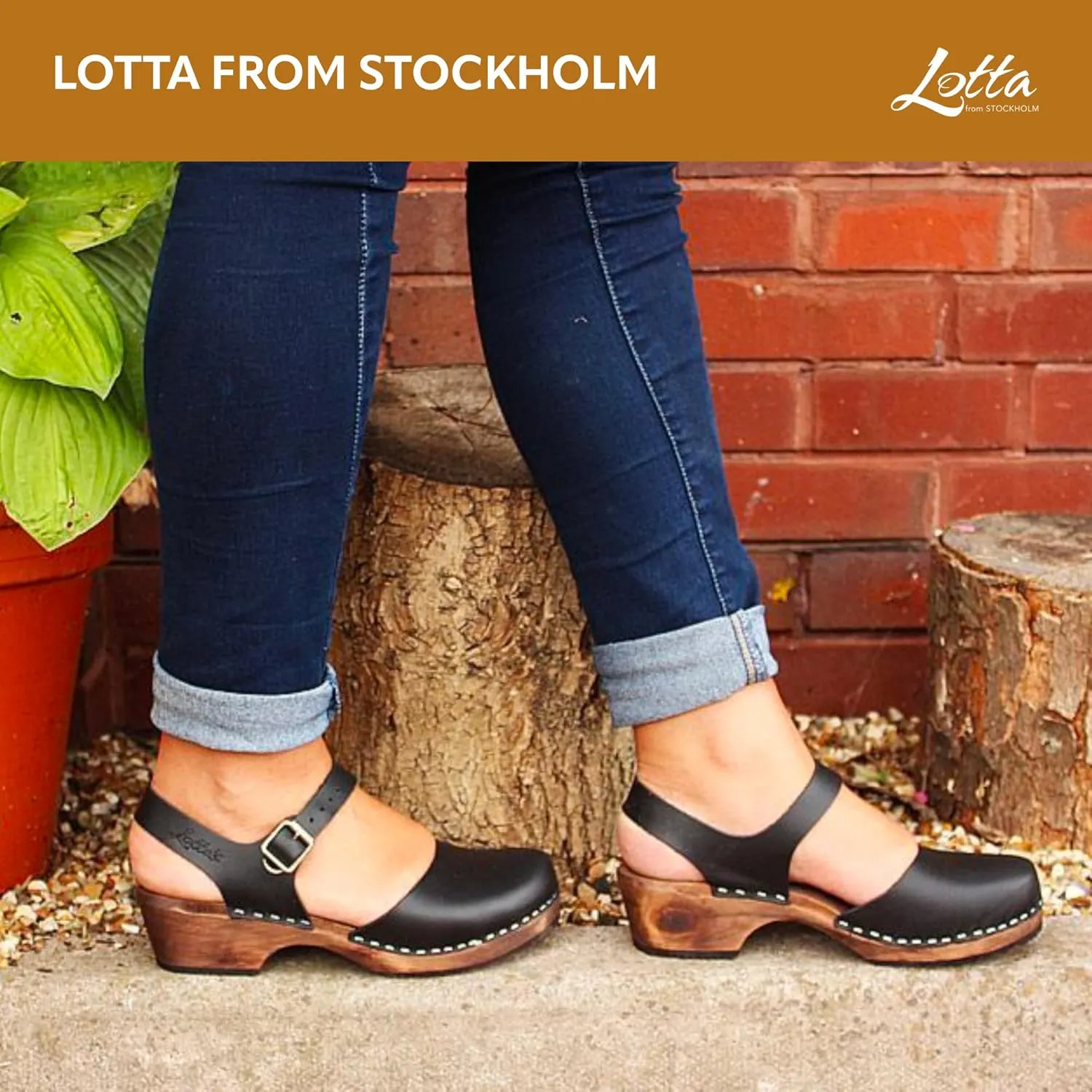 Swedish Low Wood Clog Sandal for Women | Low Heel Mary Jane Style Wooden Clogs Handcrafted in Sweden | Brown Alder Wood Base and Natural Leather | Black
