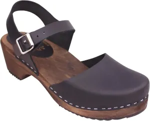 Swedish Low Wood Clog Sandal for Women | Low Heel Mary Jane Style Wooden Clogs Handcrafted in Sweden | Brown Alder Wood Base and Natural Leather | Black