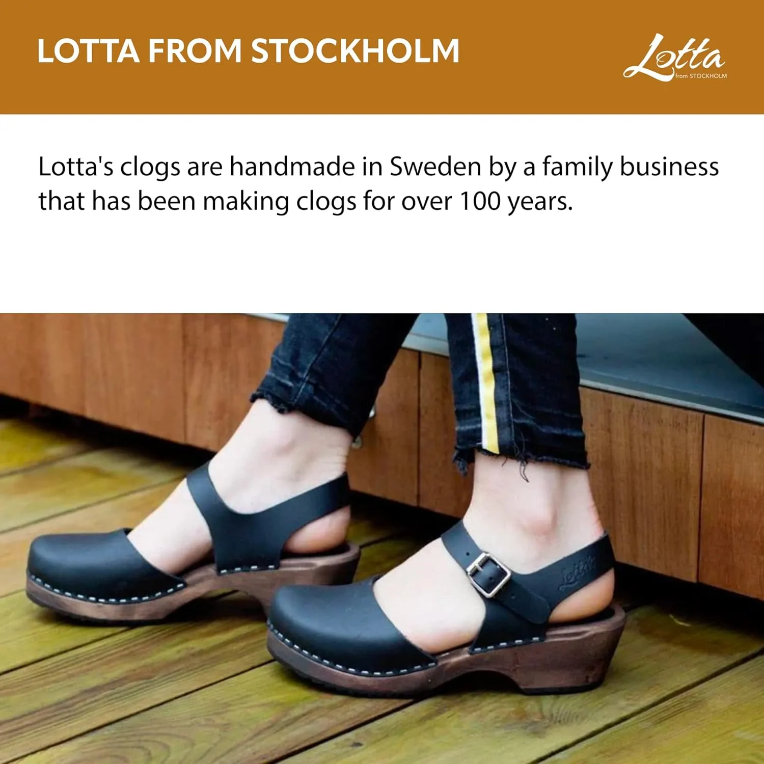 Swedish Low Wood Clog Sandal for Women | Low Heel Mary Jane Style Wooden Clogs Handcrafted in Sweden | Brown Alder Wood Base and Natural Leather | Black