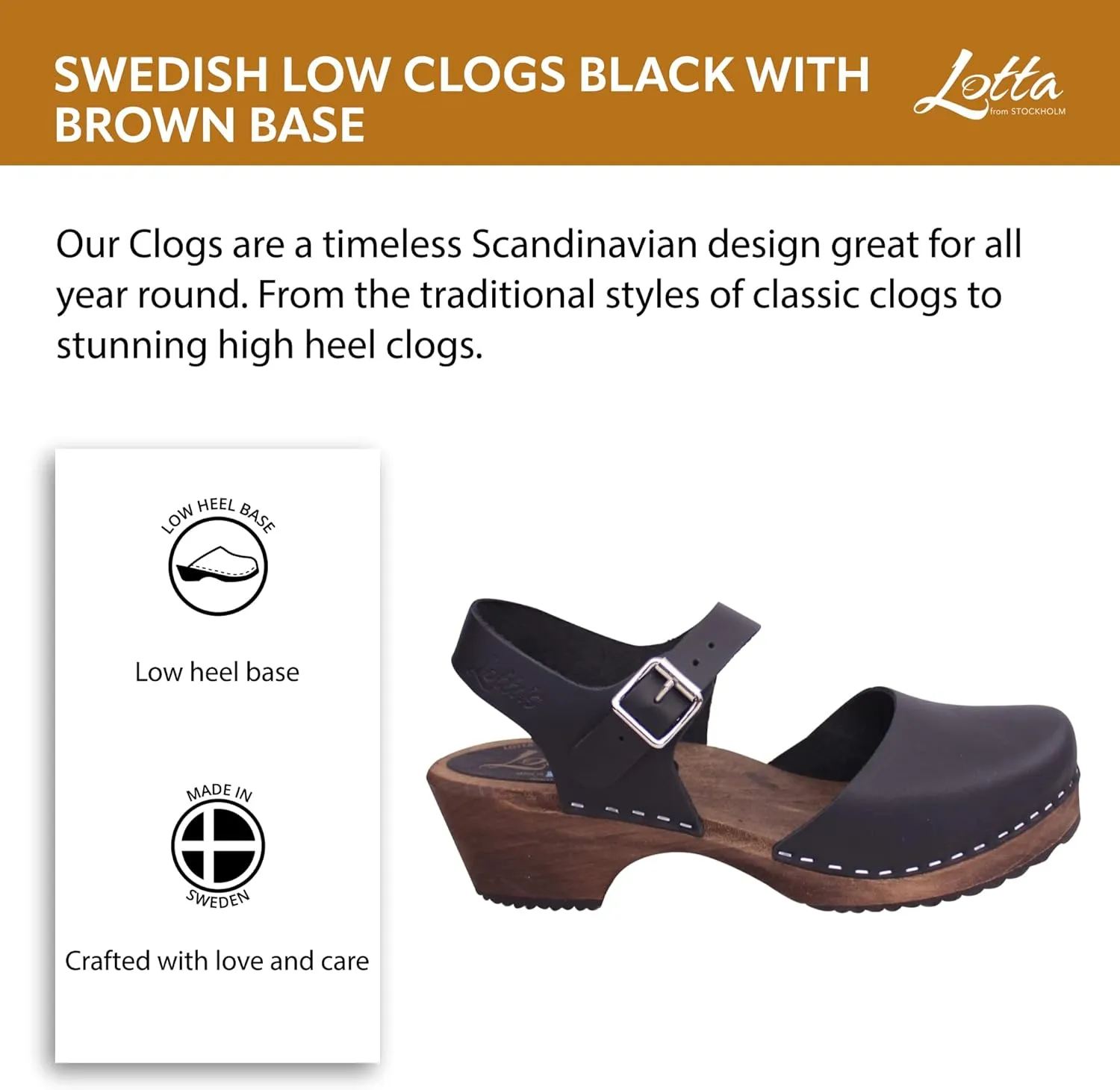 Swedish Low Wood Clog Sandal for Women | Low Heel Mary Jane Style Wooden Clogs Handcrafted in Sweden | Brown Alder Wood Base and Natural Leather | Black
