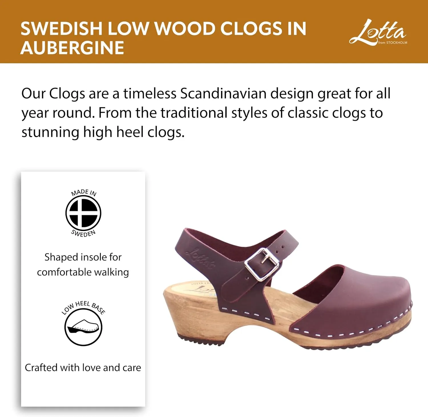 Swedish Low Wood Clog Sandal for Women | Low Heel Mary Jane Style Wooden Clogs Handcrafted in Sweden | Brown Alder Wood Base and Real Leather | Aubergine